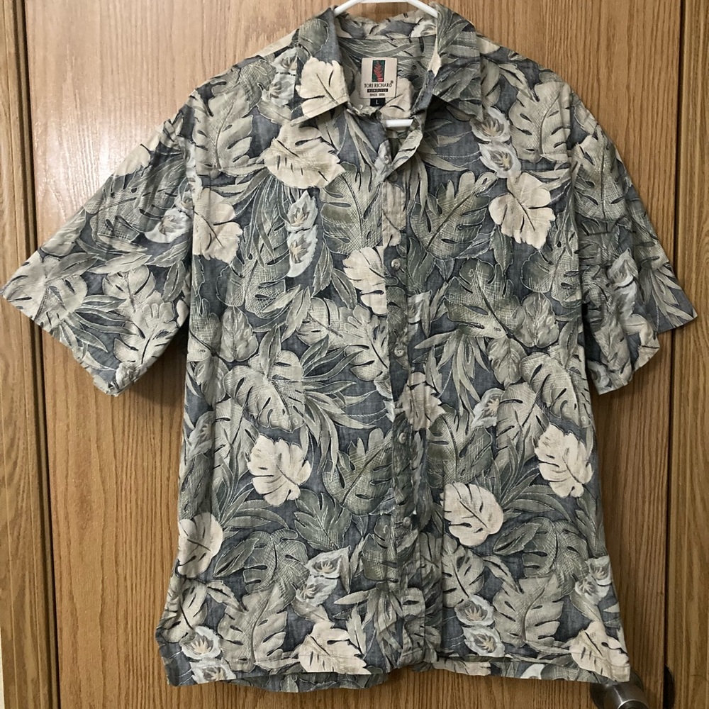 Tori Richard Hawaiian Leaves Print Men's Inside Out Shirt large USA Made Cotton